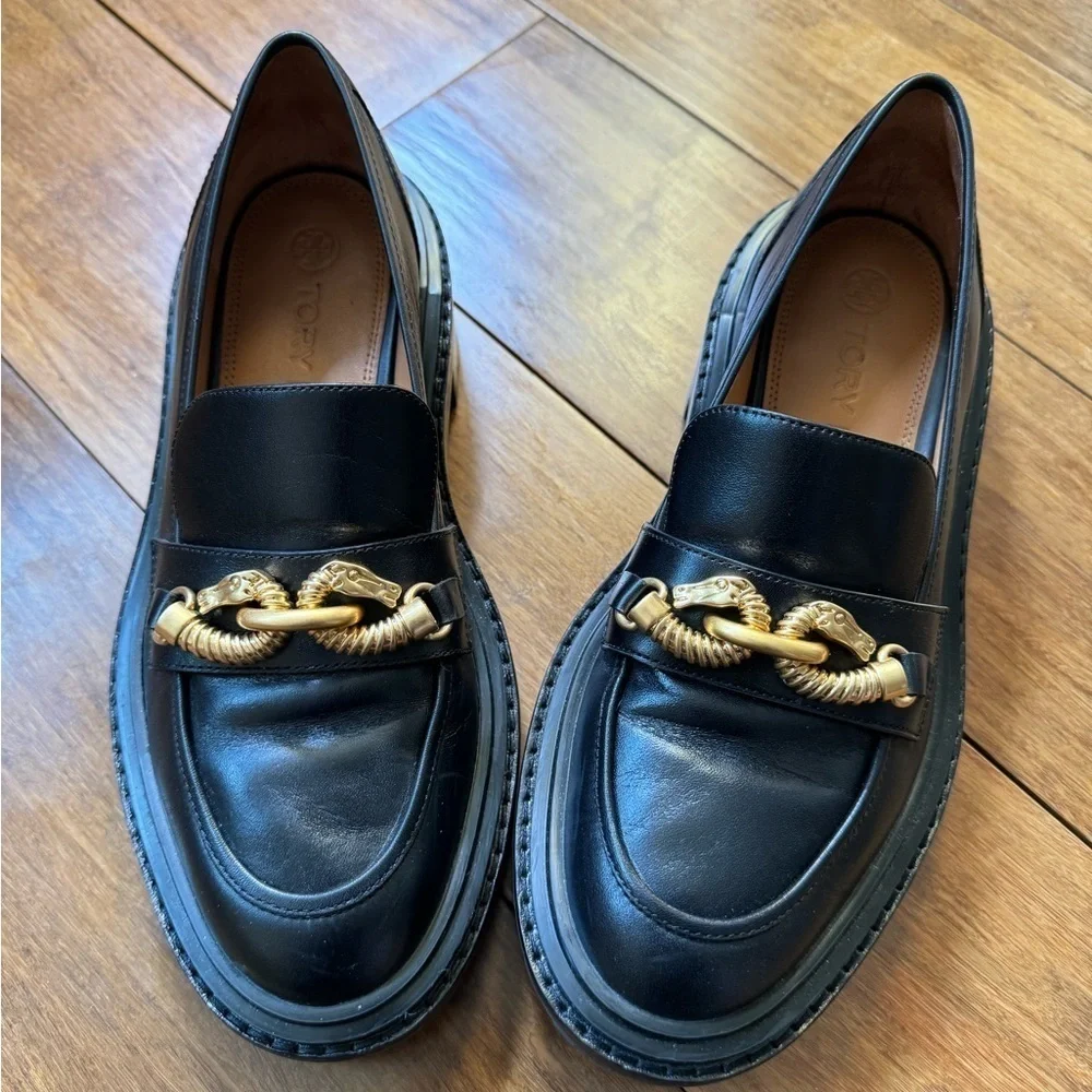 Tory Burch Jessa Lug Sole Loafers – Black Leather, Gold Horsebit, Size 7